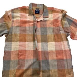 Trust Button Up Shirt Men XL Orange Plaid Short Sleeve Spread Collar Linen Blend